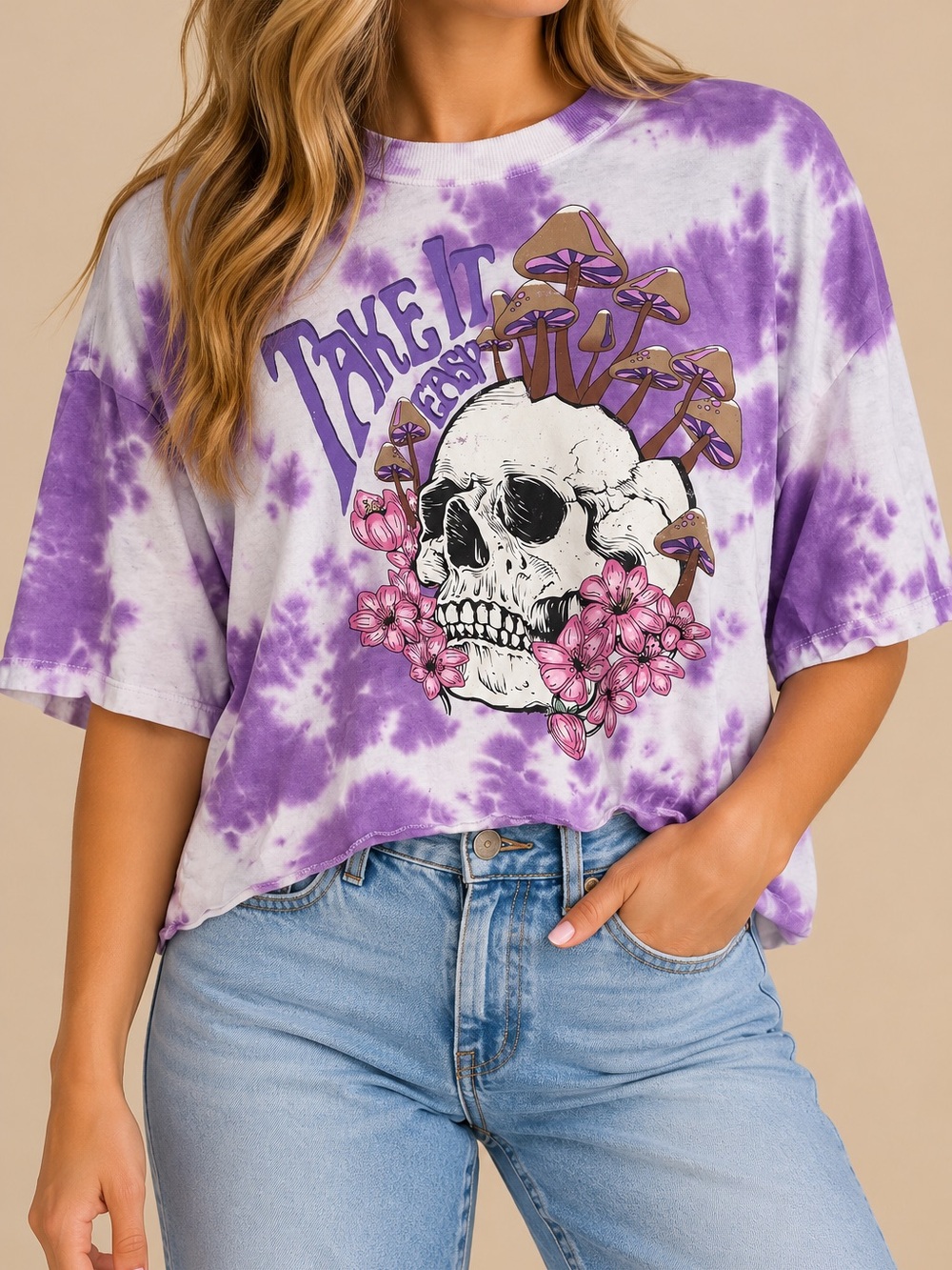 No Boundaries Purple Tie-Dye Skull & Mushroom Graphic Tee